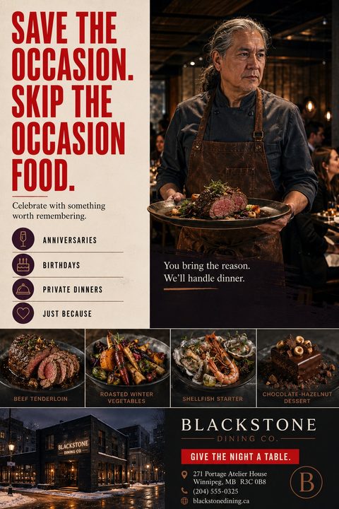 A restaurant flyer titled 'Save the Occasion. Skip the Occasion Food.' featuring a chef holding a plate of beef tenderloin, a list of occasions like anniversaries and birthdays, and photos of various dishes.