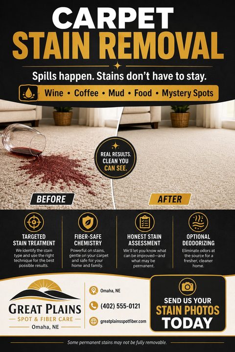 Flyer for Carpet Stain Removal featuring a before and after photo of a spilled wine stain on a carpet. The design uses black, white, and gold colors with icons for targeted stain treatment, fiber-safe chemistry, honest stain assessment, and optional.