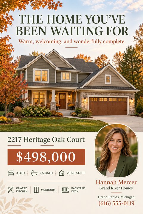 A real estate listing flyer featuring a large photo of a two-story suburban house in autumn. Below is the address, price, property specs with icons, and a circular agent headshot on a cream background.