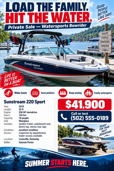 A flyer advertising a boat for sale. The top half features a large photo of a blue and white speedboat docked on a lake. Below are details like year, length, engine, and price, along with smaller photos of the boat on a trailer and someone.