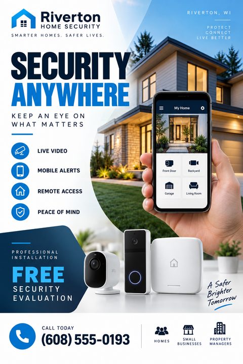 A home security flyer featuring a modern house, a hand holding a smartphone displaying a security app, and smart security devices. The design uses a clean blue and white color palette.