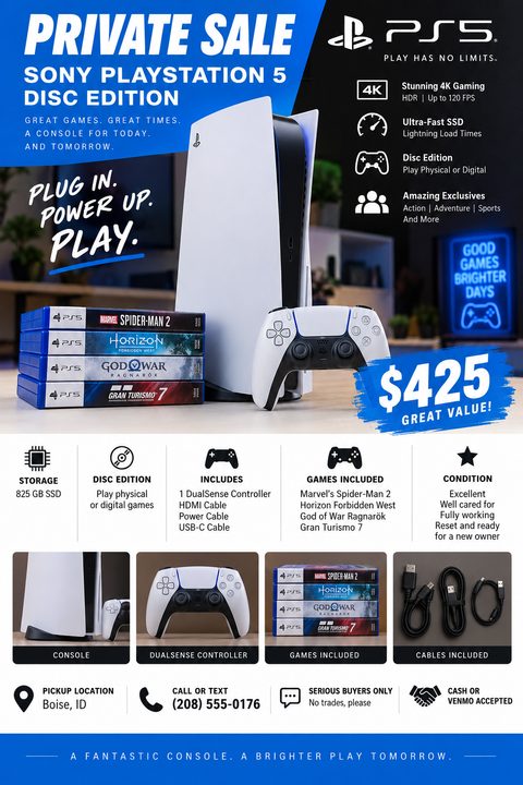 A modern for-sale flyer featuring a large top photo area, a blue brush-stroke price tag, a central grid of feature icons, and a row of four smaller gallery images at the bottom.