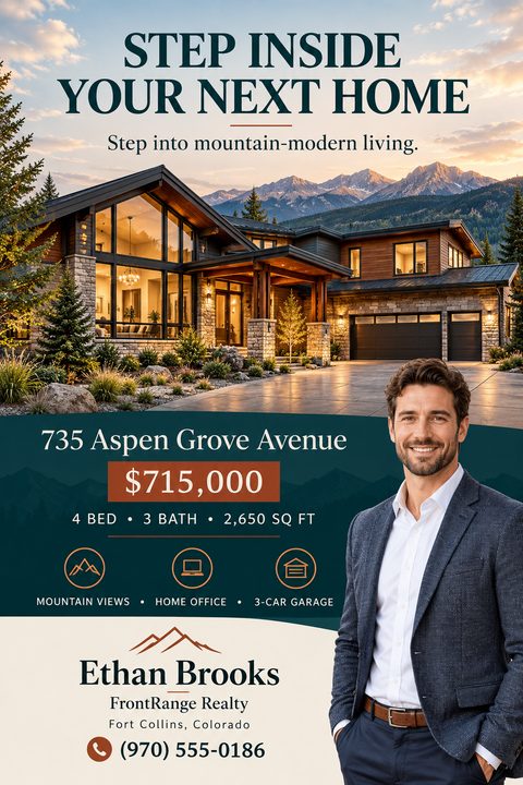 A real estate flyer featuring a large photo of a modern mountain home at sunset. Below, a dark teal section lists property details alongside a cutout photo of a smiling male realtor.