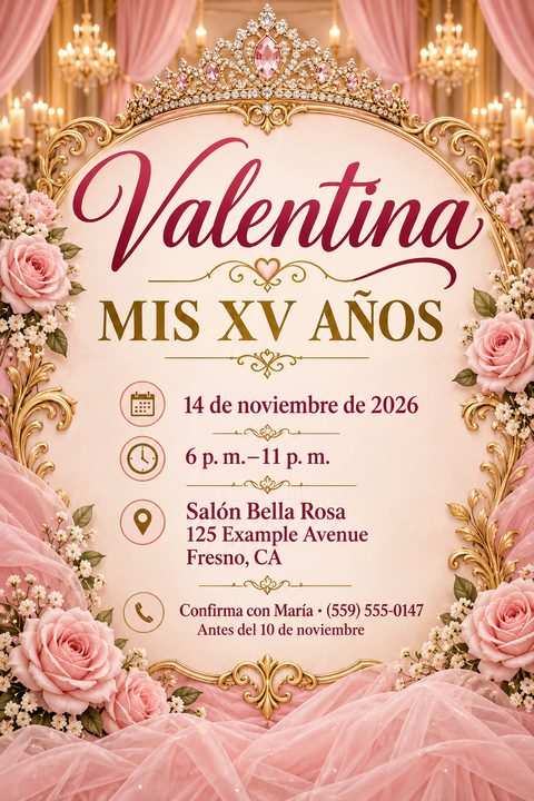 A quinceañera invitation flyer with a large gold frame topped with a jeweled tiara. Pink roses and draped pink fabric surround the frame. Inside, text reads 'Valentina MIS XV AÑOS' with event details in Spanish.