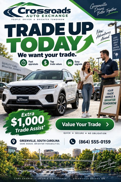 A car dealership flyer with the headline 'Trade Up Today. We want your trade.' A woman is receiving car keys from a salesman next to a white SUV. A green banner offers an 'Extra $1,000 Trade Assist'.