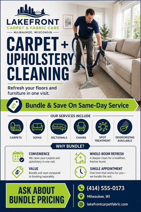 A flyer for carpet and upholstery cleaning services. It features a photo of a man cleaning a carpet and a sofa, along with icons for various services and a call to action for bundle pricing.