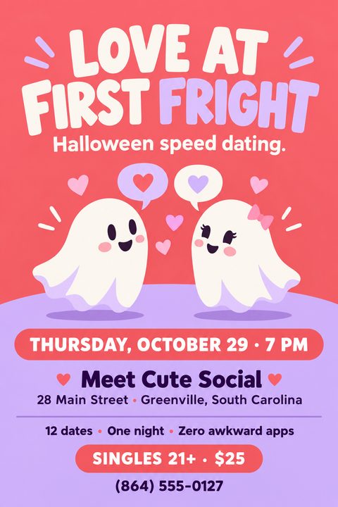 A playful Halloween speed dating flyer featuring two cute cartoon ghosts with heart speech bubbles against a pink background. The bottom half is purple with event details, date, location, and ticket price.
