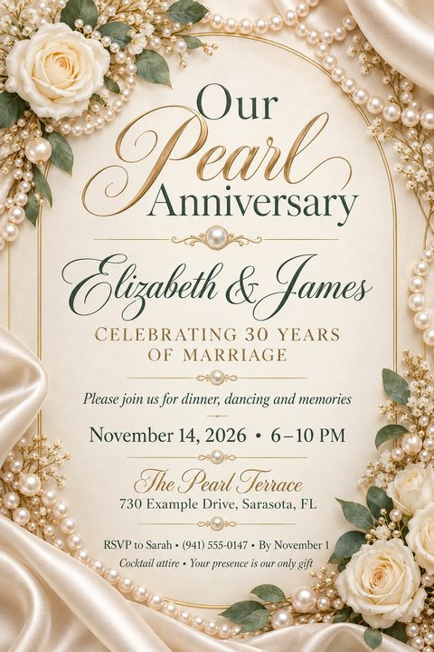 An elegant anniversary invitation featuring a cream background framed by draped silk, white roses, and strings of pearls. The text uses sophisticated gold and dark green elegant typography.