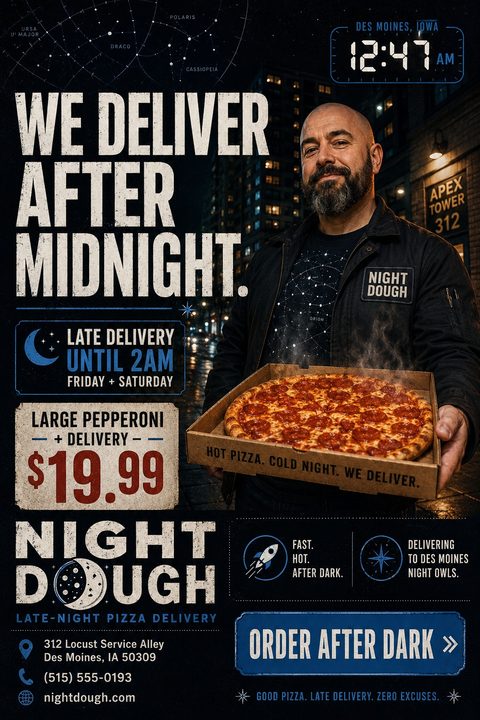 A flyer for late-night pizza delivery featuring a man holding a hot pepperoni pizza box at night. Text reads 'We deliver after midnight' and 'Late delivery until 2am'.