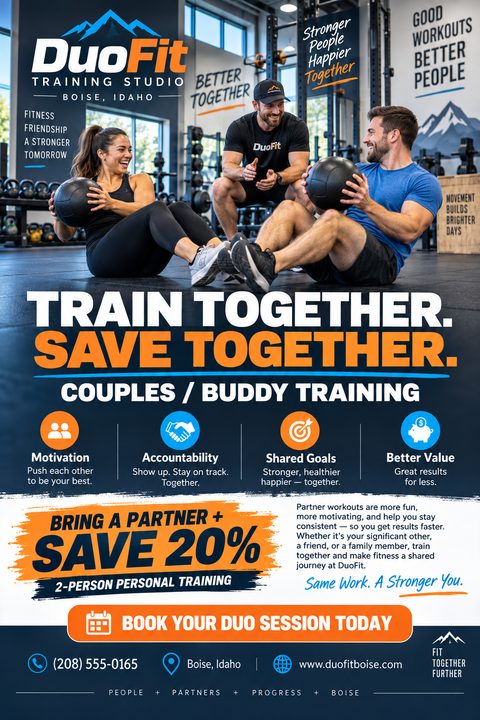 Flyer for DuoFit Training Studio promoting Couples/Buddy Training. Features a photo of a man and woman doing sit-ups with medicine balls while a trainer watches. Text reads 'Train Together. Save Together.' and offers 20% off 2-person personal.