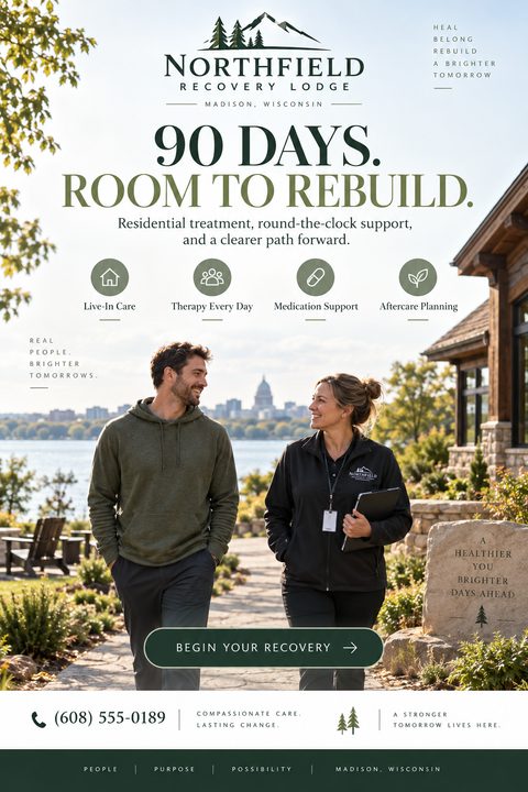 Flyer for Northfield Recovery Lodge. Text reads '90 Days. Room to Rebuild. Residential treatment, round-the-clock support, and a clearer path forward.' Icons for Live-In Care, Therapy Every Day, Medication Support, Aftercare Planning. Photo of a man.