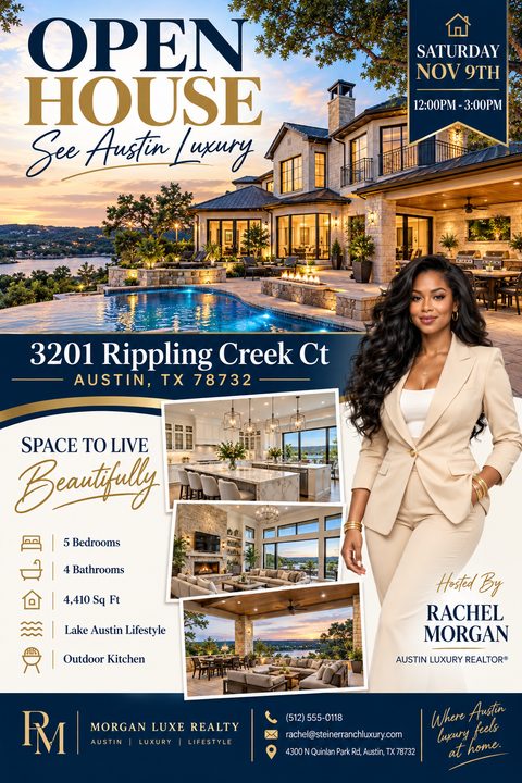 Real estate open house flyer template with a large photo of a luxury home with a pool at sunset, three smaller interior photos, an agent photo, and property details in navy and gold.