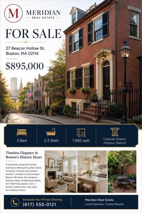 Real estate for sale flyer featuring a large photo of a brick townhome, a navy blue banner with gold property icons, a description section, and three smaller interior photos.