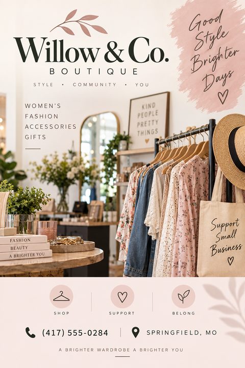 Flyer for Willow & Co. Boutique featuring a photo of a clothing rack with floral dresses and denim, a tote bag saying 'Support Small Business', and text 'Good Style Brighter Days'.