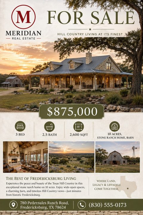 Real estate flyer for a stone ranch home. Features a large photo of the house at sunset, price, property details with icons, three smaller photos of the interior, view, and barn, and contact information.