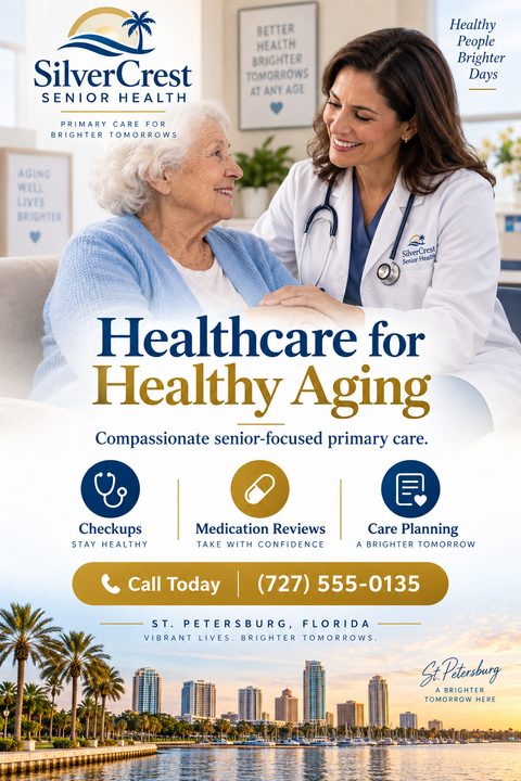 A senior healthcare flyer featuring a doctor smiling at an elderly patient. Below, navy and gold text highlights services like checkups and care planning, above a photo of a sunny coastal city skyline.