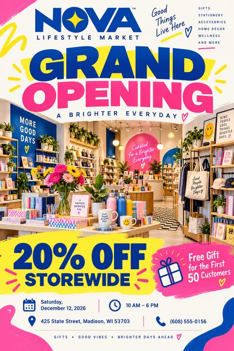 A bright grand opening flyer featuring bold blue and pink text, playful yellow brush strokes, and a central photo of a colorful retail store interior filled with gifts and stationery.