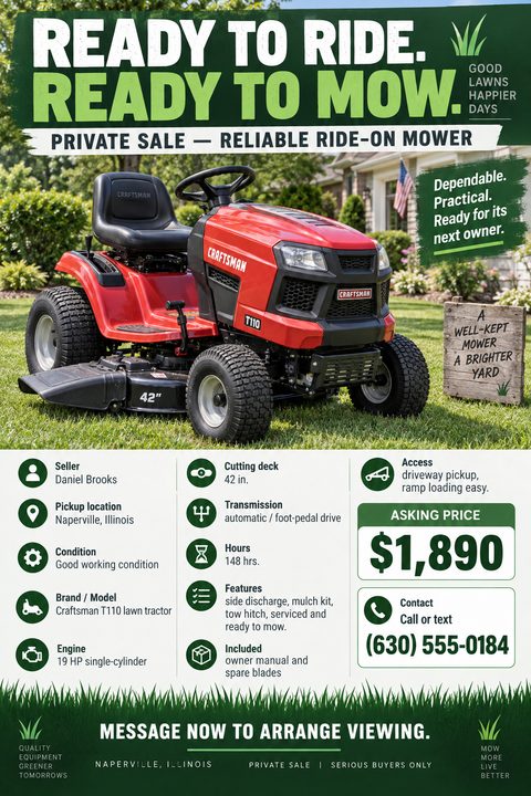 Flyer for a private sale of a ride-on mower. The top half shows a red Craftsman lawn tractor on a lawn. The bottom half lists specifications like engine, cutting deck, and transmission, along with the asking price of $1,890 and contact info.