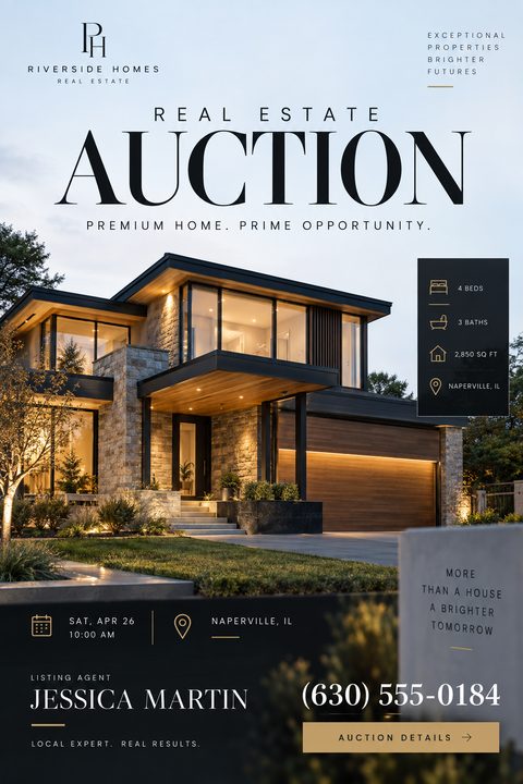 A real estate auction flyer featuring a large photo of a modern, luxury two-story home at twilight. The text 'REAL ESTATE AUCTION' is prominent at the top. Property details, auction date, and agent contact info are displayed in dark panels.