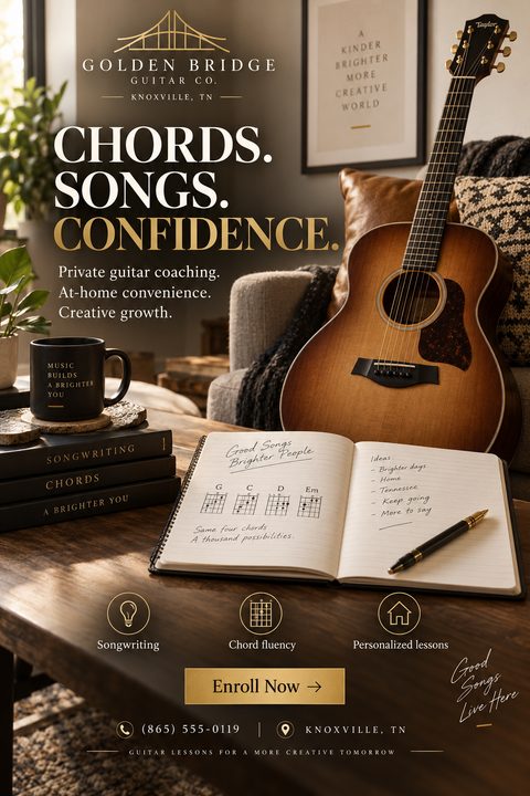 Flyer for Golden Bridge Guitar Co. offering private guitar coaching. Shows an acoustic guitar resting on a sofa next to a coffee table with a notebook showing guitar chords, books, and a mug. Text reads 'Chords. Songs. Confidence.' with icons for.