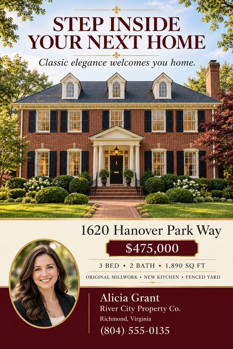 Real estate listing flyer featuring a large photo of a traditional two-story brick home, a burgundy and cream color scheme with gold accents, property details, and a circular agent headshot.