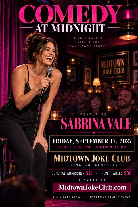A comedy show flyer featuring a laughing female comedian on stage with a microphone. The text 'Comedy at Midnight' is in large, sparkly pink letters against a dark club background.