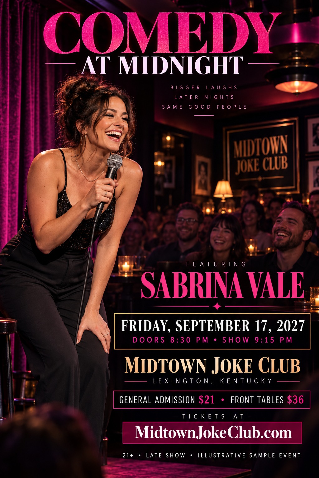 A comedy show flyer featuring a laughing female comedian on stage with a microphone. The text 'Comedy at Midnight' is in large, sparkly pink letters against a dark club background.