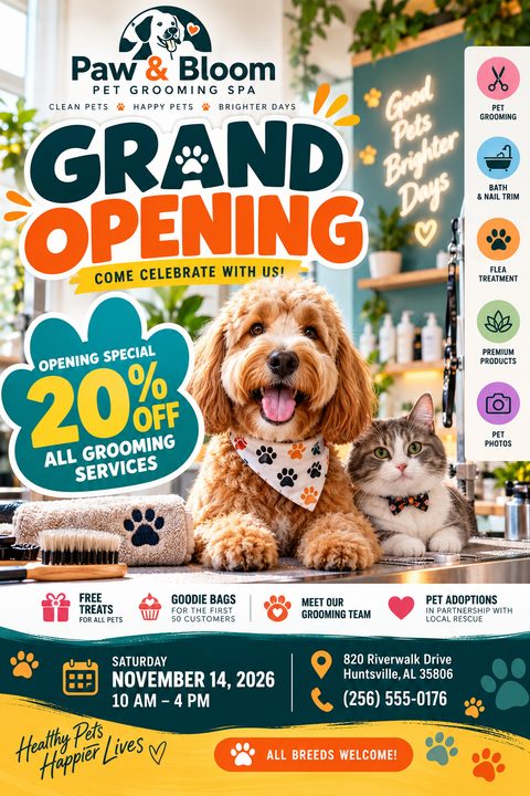 A playful pet grooming grand opening flyer featuring a smiling dog and cat. It includes bold orange and teal text, a 20% off badge, service icons, and event details at the bottom.