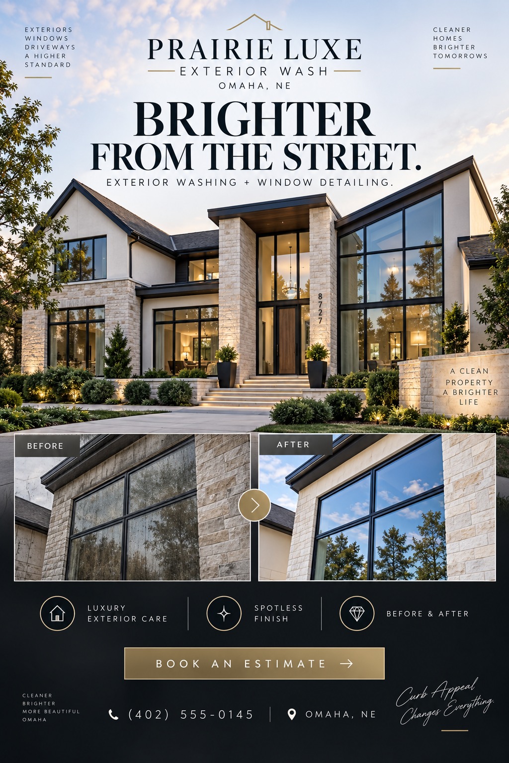 Flyer for exterior washing and window detailing featuring a large photo of a modern luxury home, followed by a before-and-after comparison of a dirty and clean window.