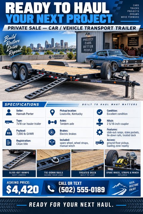 Flyer for a private sale of a car/vehicle transport trailer. Features a large photo of a flatbed trailer, a specifications grid with icons, four smaller detail photos, and a prominent asking price and contact number at the bottom. The design uses a.