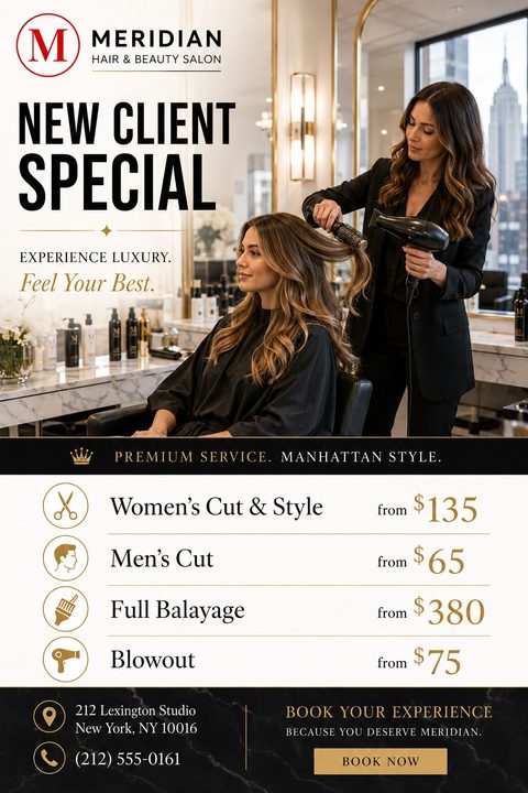 Elegant hair salon flyer featuring a photo of a stylist blow-drying a client's hair. The design uses a luxurious black, white, and gold color palette with a clear price list and contact details.