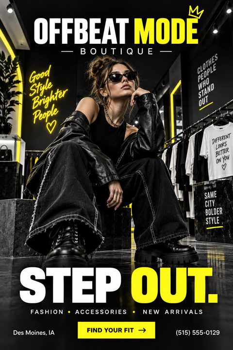 A bold fashion boutique flyer featuring a model in black leather and denim sitting in a store. Large white and yellow text reads 'Offbeat Mode Boutique' and 'Step Out.' against a dark background.