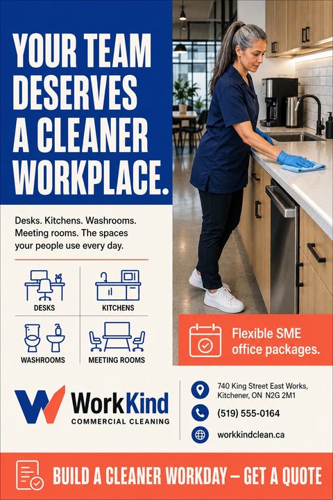 A commercial cleaning flyer featuring a woman wiping an office kitchen counter. The design uses a bold blue block for the headline, orange accents, and line icons illustrating desks, kitchens, washrooms, and meeting rooms.