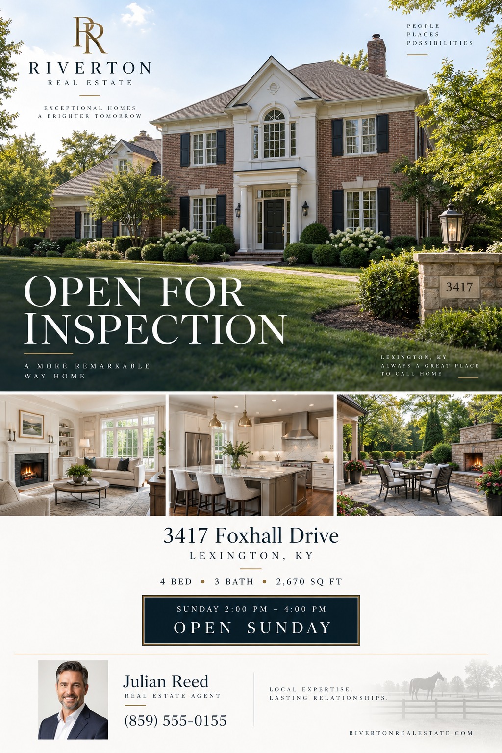 Real estate open house flyer with a large photo of a brick house, three smaller interior and exterior photos, property details, and agent contact information.