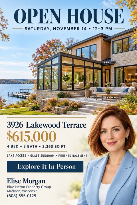 Open house flyer for a lakefront property featuring a large photo of a modern house with a glass sunroom overlooking a lake. Below is the property address, price, details, and a real estate agent's headshot and contact information.
