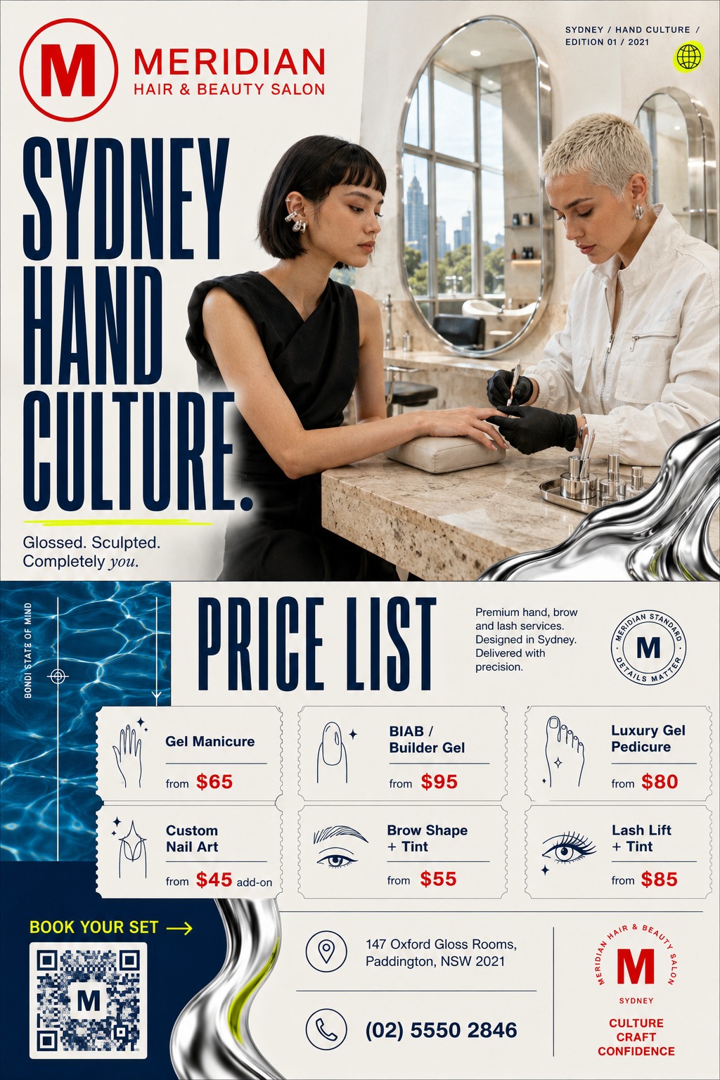 A modern, editorial-style beauty salon flyer featuring a large photo of a manicurist working on a client. Below, a structured price list displays services like gel manicures, lash lifts, and brow shaping with minimalist icons.