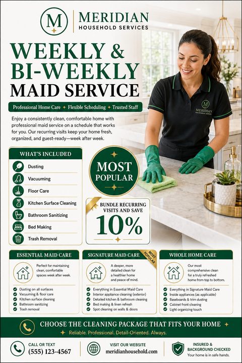 A house cleaning flyer featuring a woman wiping a kitchen counter. The design uses dark green and gold accents, displaying included services, a discount, and three tiered cleaning packages.