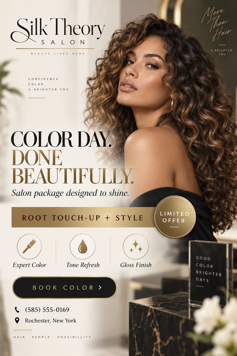 Elegant hair salon flyer template featuring a woman with voluminous curly hair, gold text accents, and a special offer for a root touch-up and style package.