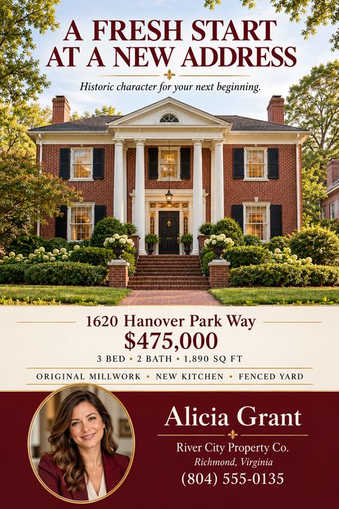 Real estate flyer template with a large photo of a historic brick house with white columns, a cream-colored section with property details, and a burgundy section with the agent's photo and contact information.