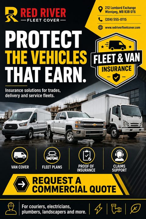 A flyer for fleet and van insurance featuring a white van, pickup truck, and box truck parked in front of a building under construction. The design uses bold yellow and black colors with icons for van cover, fleet plans, proof of insurance, and.