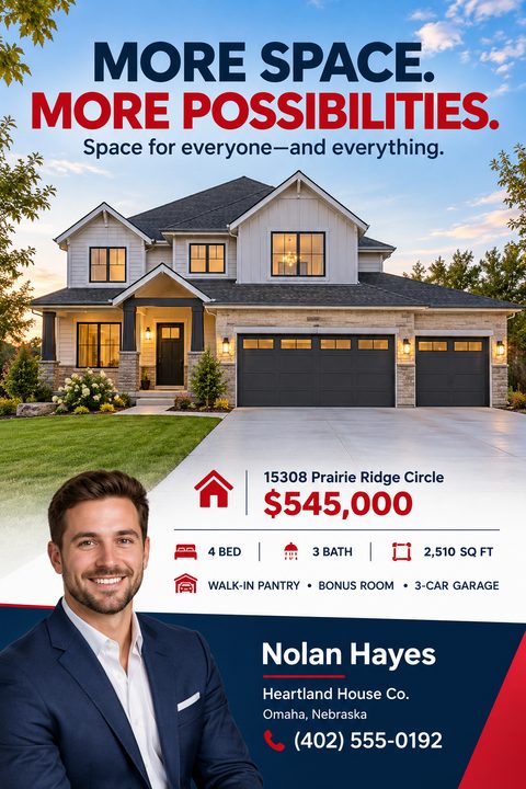 Real estate flyer template with a large photo of a two-story house, bold text reading 'MORE SPACE. MORE POSSIBILITIES.', property details including price and features, and a real estate agent's headshot and contact information at the bottom.