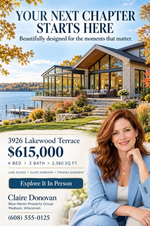 Real estate flyer featuring a large photo of a modern lakefront house with a glass sunroom. Below, a cream section displays property details in navy text, alongside a portrait of a female real estate agent.