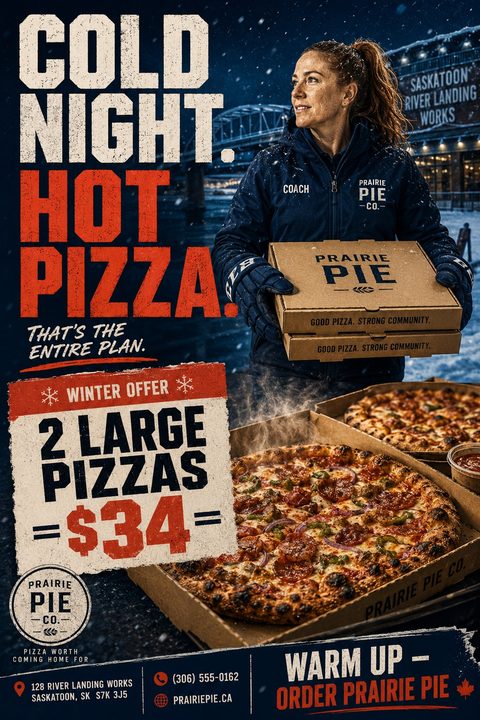 A winter-themed pizza flyer featuring a woman in a snowy setting holding pizza boxes. Below, two hot, steaming pizzas are shown. Text promotes a winter offer for two large pizzas.
