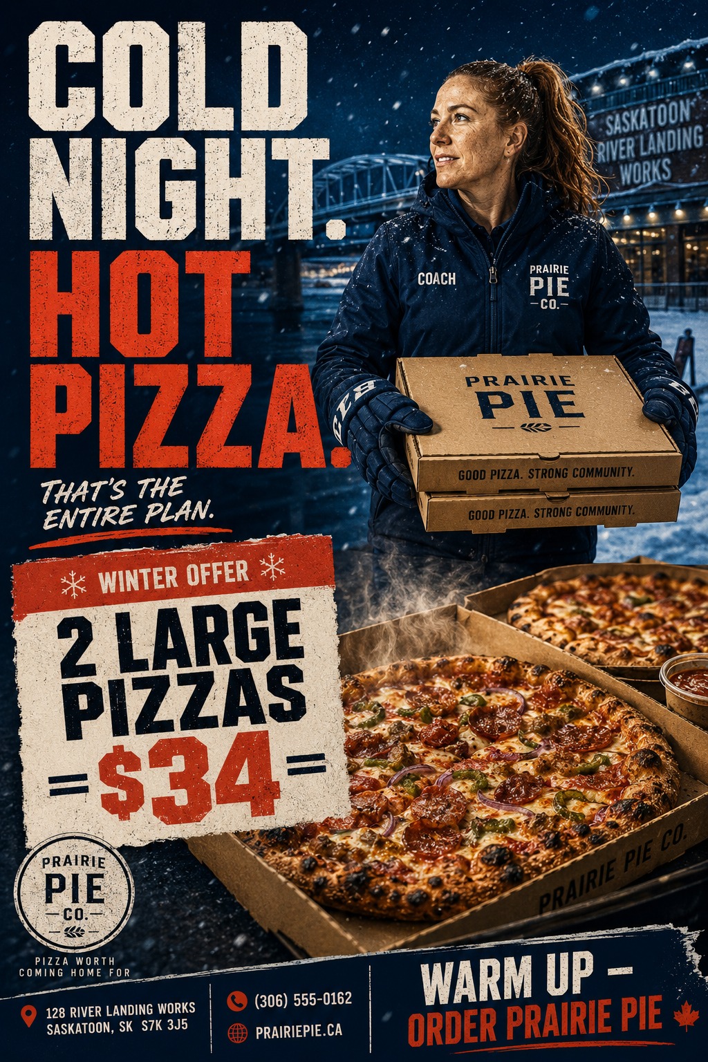 A winter-themed pizza flyer featuring a woman in a snowy setting holding pizza boxes. Below, two hot, steaming pizzas are shown. Text promotes a winter offer for two large pizzas.