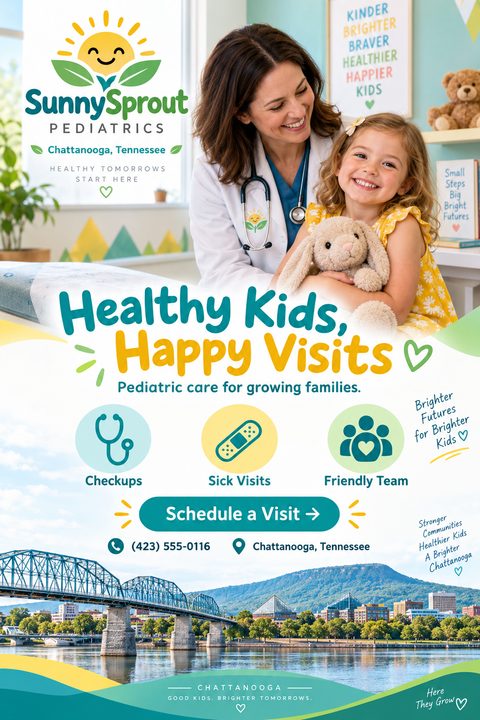 Flyer for SunnySprout Pediatrics. Top half shows a smiling female doctor with a stethoscope and a happy little girl holding a stuffed bunny. Text reads 'Healthy Kids, Happy Visits. Pediatric care for growing families.' Below are icons for Checkups.