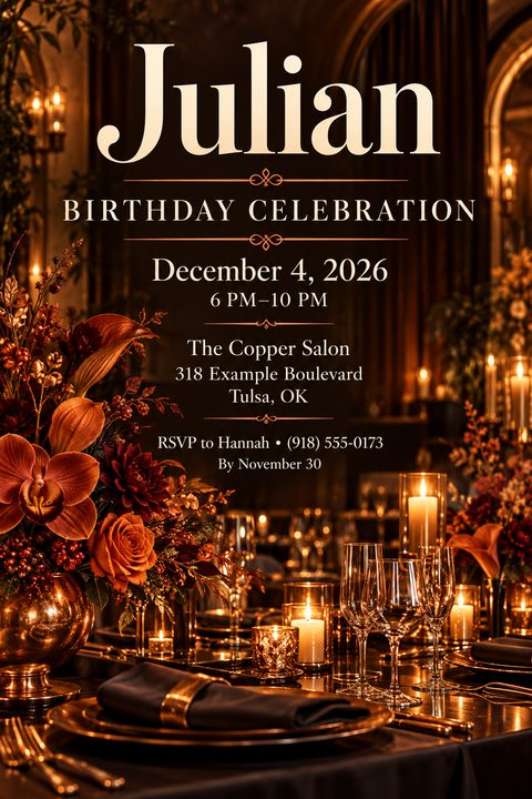 Elegant birthday celebration invitation featuring a moody, candlelit dinner table setting with rich orange and burgundy floral arrangements in a copper vase, set against a dark background.