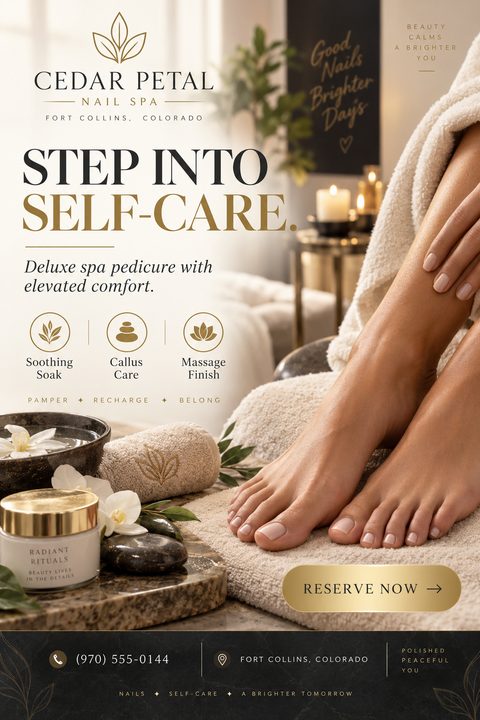 A flyer for a nail spa titled 'Step Into Self-Care' featuring a photo of a woman's legs and feet resting on a towel next to spa products like a bowl of water with a flower, a jar of cream, and stones. The text highlights a 'Deluxe spa pedicure with.