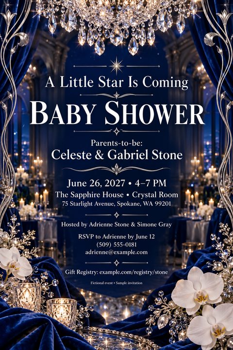 An elegant baby shower invitation flyer featuring a deep blue background with velvet drapes, a crystal chandelier, white orchids, and silver decorative accents framing the event details.