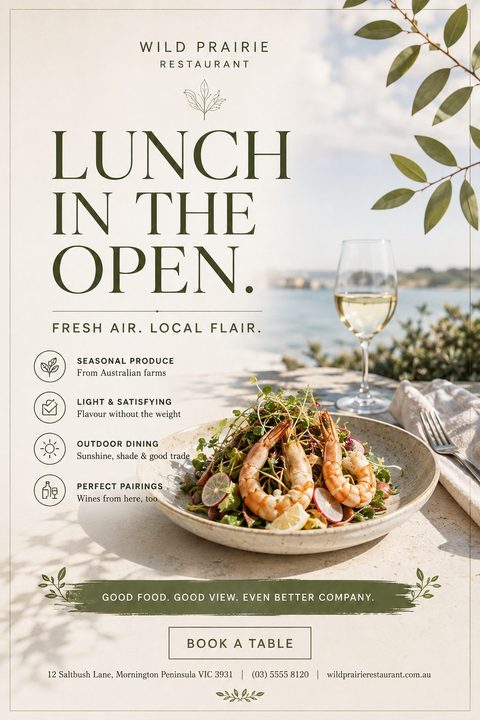 Flyer for Wild Prairie Restaurant titled 'Lunch in the Open' featuring a plate of shrimp and salad with a glass of white wine on a table overlooking the water.