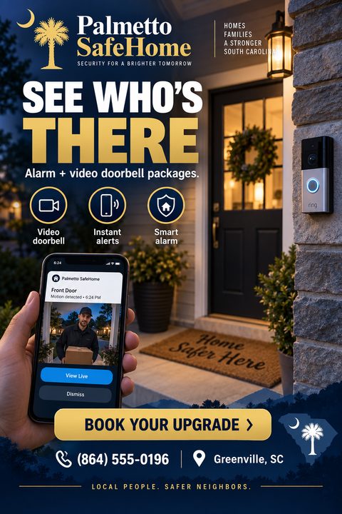 A home security flyer featuring a front porch at dusk with a video doorbell. A hand holds a smartphone showing a live feed of a delivery person. Text reads 'See Who's There' and 'Alarm + video doorbell packages.'
